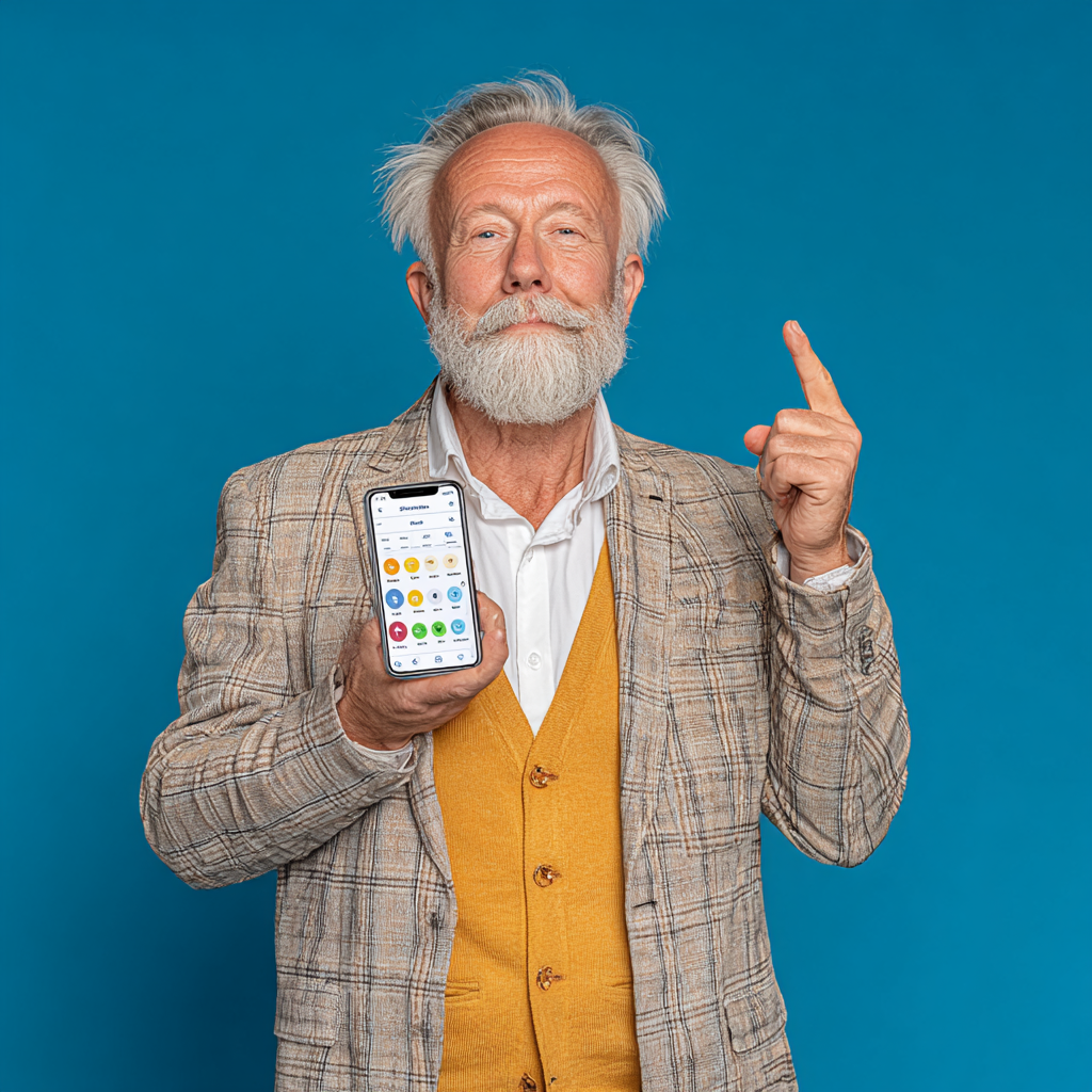 Hombre de 60 años con expresión satisfecha mientras consulta la aplicación de klovandor en su smartphone, mostrando los resultados positivos obtenidos durante su semana gratuita de prueba